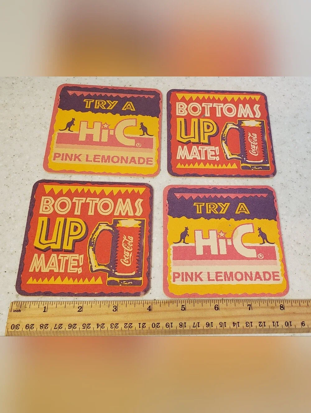 Vintage Coca-Cola Bottoms Up Mate Hi-C Pink Lemonade Coaster Set 4 Australia 4